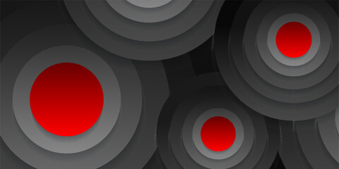 Concentric circles with shadows. Abstract dark background. Red in the center. Black circulars. Cut out paper. Vector graphic design