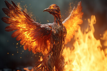 Fototapeta premium Fantasy concept. Human silhouette rises like Phoenix from ashes with flames and fire. Generative AI