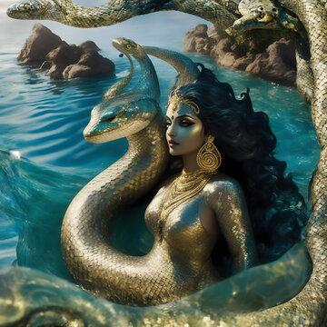 Mystical Naagin: Graceful Serpent Shapeshifter in the Vast Open Sea  - Generative AI
