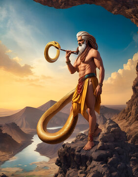  A hyper-realistic, middle-aged Arab man with an ancient serpent - Generative AI