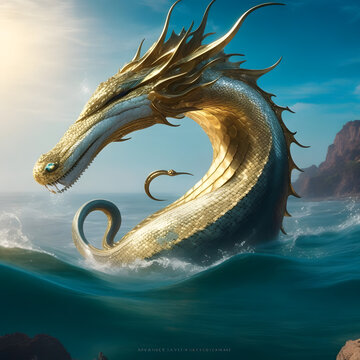 Majestic Depths: Hyper Realistic Dragon Emerges from the Sea - Generative AI