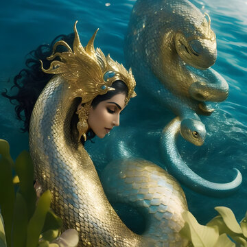 Mystical Naagin: Graceful Serpent Shapeshifter in the Vast Open Sea  - Generative AI