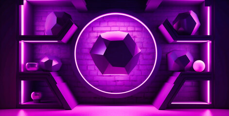 lighted purple wall with shelves and three empty cubes