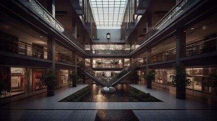  Photo of a bustling indoor shopping center during evening, lit up by warm internal lighting. Created by AI.