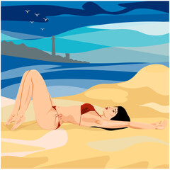 A girl in a red bathing suit lies on the sea sand