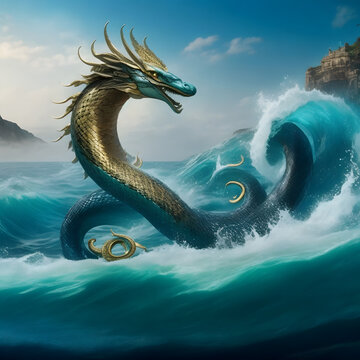 Majestic Depths: Hyper Realistic Dragon Emerges from the Sea - Generative AI