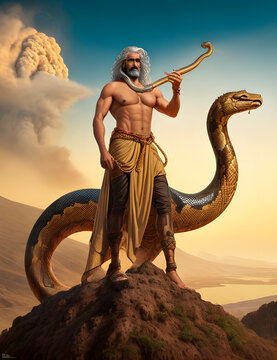  A hyper-realistic, middle-aged Arab man with an ancient serpent - Generative AI