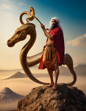  A hyper-realistic, middle-aged Arab man with an ancient serpent - Generative AI