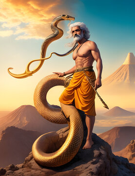  A hyper-realistic, middle-aged Arab man with an ancient serpent - Generative AI