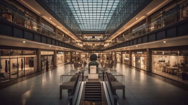Photo of a bustling indoor shopping center during evening, lit up by warm internal lighting. Created by AI.
