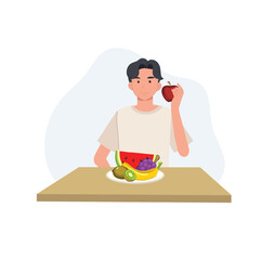 A young man give suggestion to eat healthy food and eating red apple on table.  Flat vector illustation