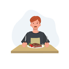 A young man eating beef steak. hungry man sitting at table of restaurant to eat yummy meat on plate with fork and knife. Flat vector cartoon illustration