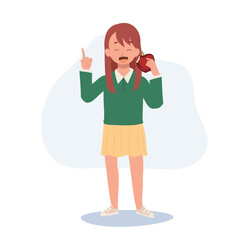 healthy fruit food concept. Full length of a cute little girl showing red apple and give advice, Flat vector illustration