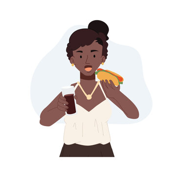 A happy african american woman eating hot dog. woman holding hot dog and a glass of soft drink in other hand. Flat vector cartoon illustration