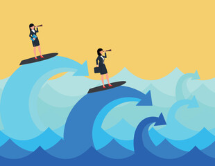 Challenge to overcome difficulty. Two business women surf arrow waves pointing forward with their index fingers and Looking binoculars