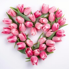 Pink tulips form a heart shape on white background, created with generative AI