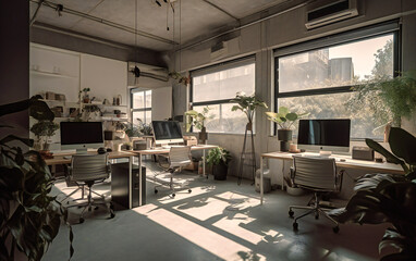 Fototapeta na wymiar an office has several desk chairs and an open window