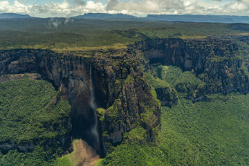View of the Angel Falls (Salto Angel) is worlds highest waterfalls (978 m) on a sunny day -...