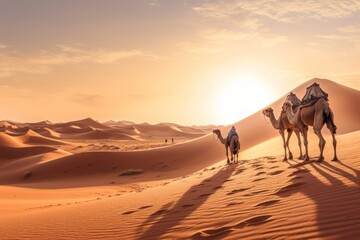 A stunning desert landscape image featuring the golden dunes of the nearby Sahara Desert, with a camel caravan in the distance, evoking the sense of adventure and exploration. Generative Ai - obrazy, fototapety, plakaty