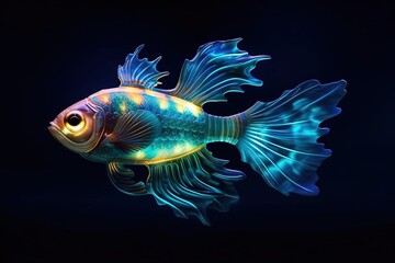 Obraz na płótnie Canvas fantasy Glowfin, glpwing bioluminescent fish with iridescent scales and a light - emitting lure, illuminating the dark abyss illustration generative ai