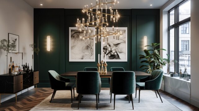 Interior design of Dining Room in Contemporary style with Statement Chandelier decorated with Velvet Chairs, Textured Rug material. Contemporary architecture. Generative AI AIG24.