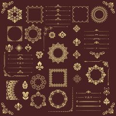 Vintage set of horizontal, square and round elements. Different golden elements for backgrounds, frames and monograms. Classic golden patterns. Set of vintage patterns