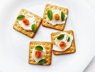 cream cracker snack with mayonnaise and tomatoes on white background