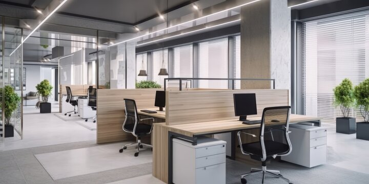 Modern office space with tables and chairs, computers, wooden plank table Generative AI AIG18.