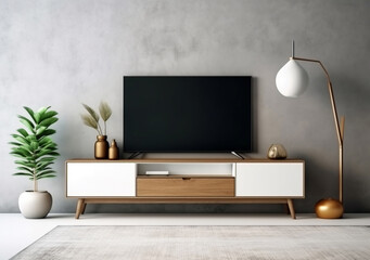 Modern wide screen TV on white wall in room with stylish furniture, AI Generated - obrazy, fototapety, plakaty