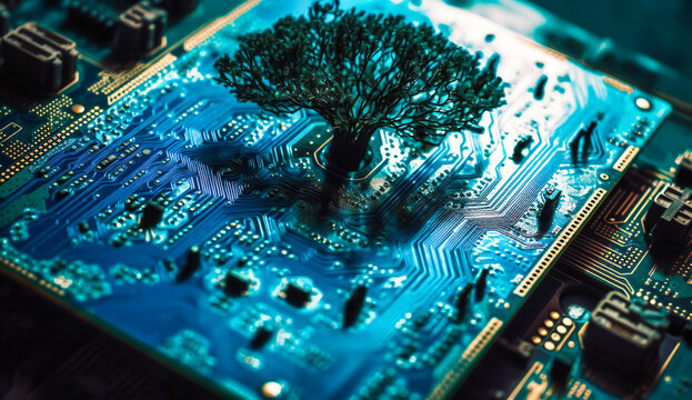 a tree on top of a circuit board with the word energy on top