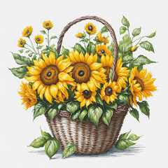 Watercolor sunflower in basket