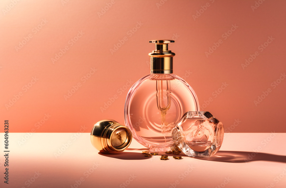 Wall mural a watch and perfume bottle set on a pink surface