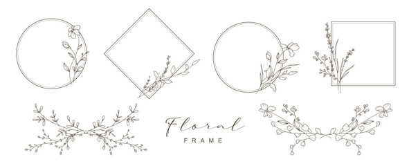 Hand drawn vintage floral frames with flowers and leaves. Trendy greenery elements in line art style. Vector for label, logo, corporate identity, wedding invitation, card