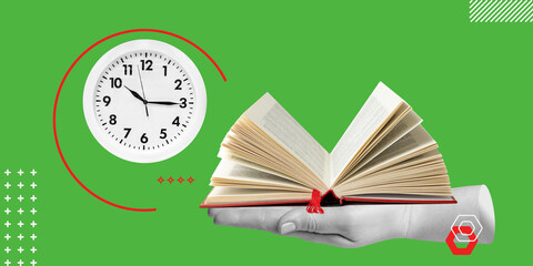 Speed-reading and effective learning in a limited amount of time. Value of reading and efficient use of time. A Hand holds an open book, next to a clock. Minimalist art collage