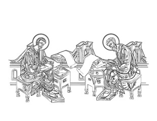 Fototapeta na wymiar Matthew Levi the Apostle and Luke the Evangelist. Illustration in Byzantine style. Coloring page on white background