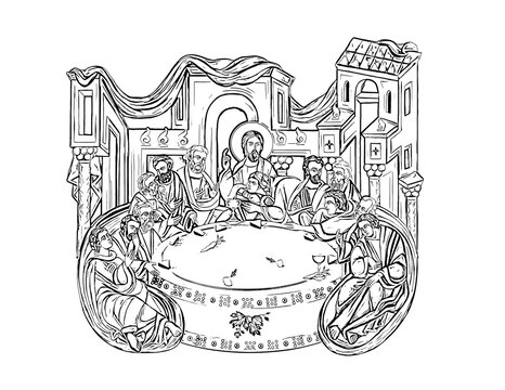 Holy Communion. The Last Supper illustration - fresco in Byzantine style. Coloring page on white background