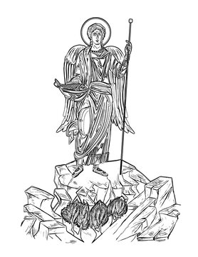 Raphael archangel. Healing of Tobit with the fish's gall. Illustration in Byzantine style. Coloring page on white background