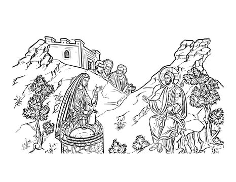 Samaritan woman at the well. Coloring page on white background