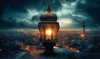 an islamic lantern with islamic designs in a city light,