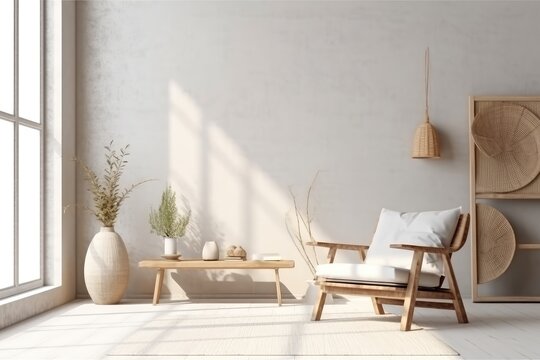 Stylish bedroom interior design in boho style big windows, natural day light. Generative AI