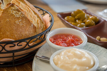 Fresh tomato puree and alioli garlic sauce for spread on bread Mediterranean appetizer in Spain