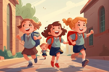 group of happy school children are running with backpacks. Back to school. Generative AI