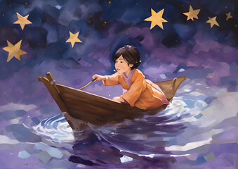 child in a faity tale paper boat