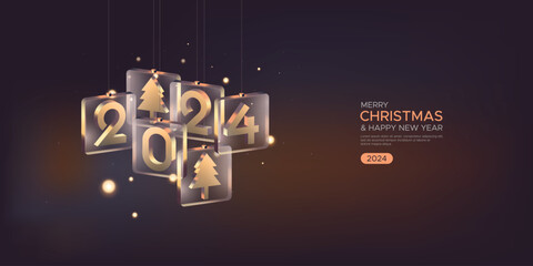 Merry Christmas and Happy New Year 2024 with 3D number and Christmas tree in the hanging square glass. Merry Christmas and Happy New Year 2024 greetings banner template