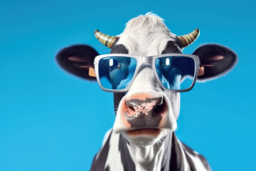 A cow wearing sunglasses on a blue background. Generative AI.