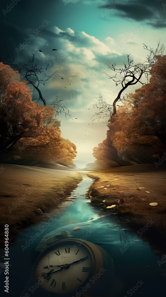 Poster a clock sitting on the side of a river. generative ai. surreal landscape with clocks.