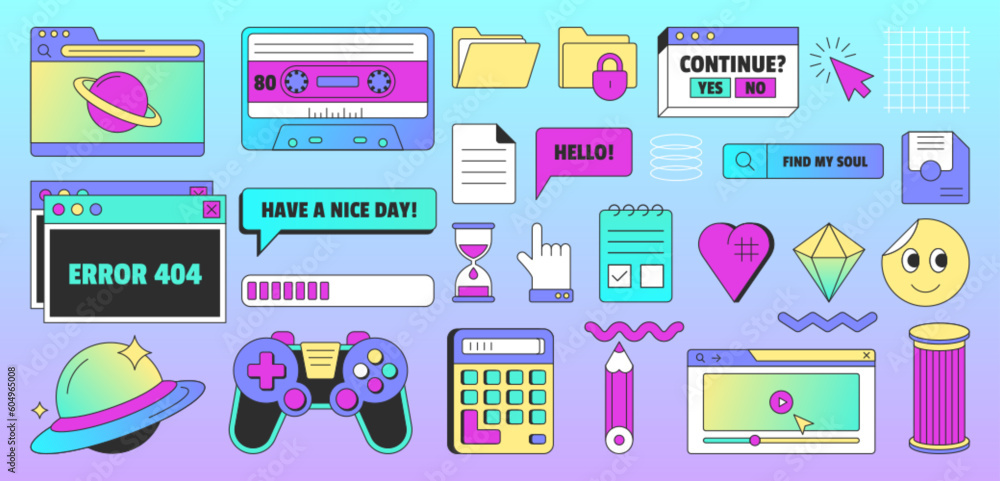 Aufkleber vintage user interface elements in vaporwave. old ui design of dialogue window, system computer mess