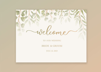 Welcome wedding sign. Calligraphy with green watercolor botanical leaves. Abstract floral art background vector design for wedding invitation and vip cover template.