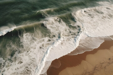 Aerial shot of a beautiful splashing wave over a clean sandy beach. Generative AI