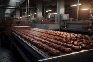 Production of chocolates at the factory, conveyor. Close up. Generative AI.
